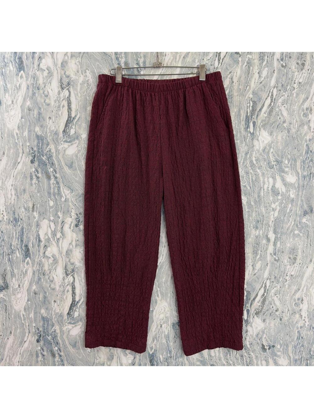 Boho Minimalist Lagenlook Burgundy Textured Wide Leg Pants (L)